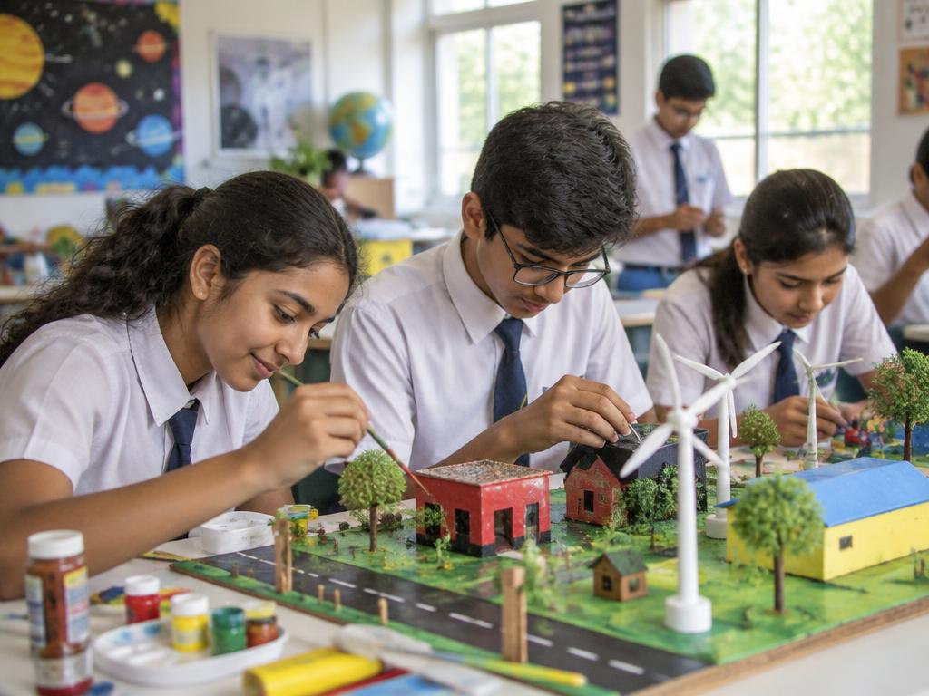 Illustrative photo of students painting and building a project