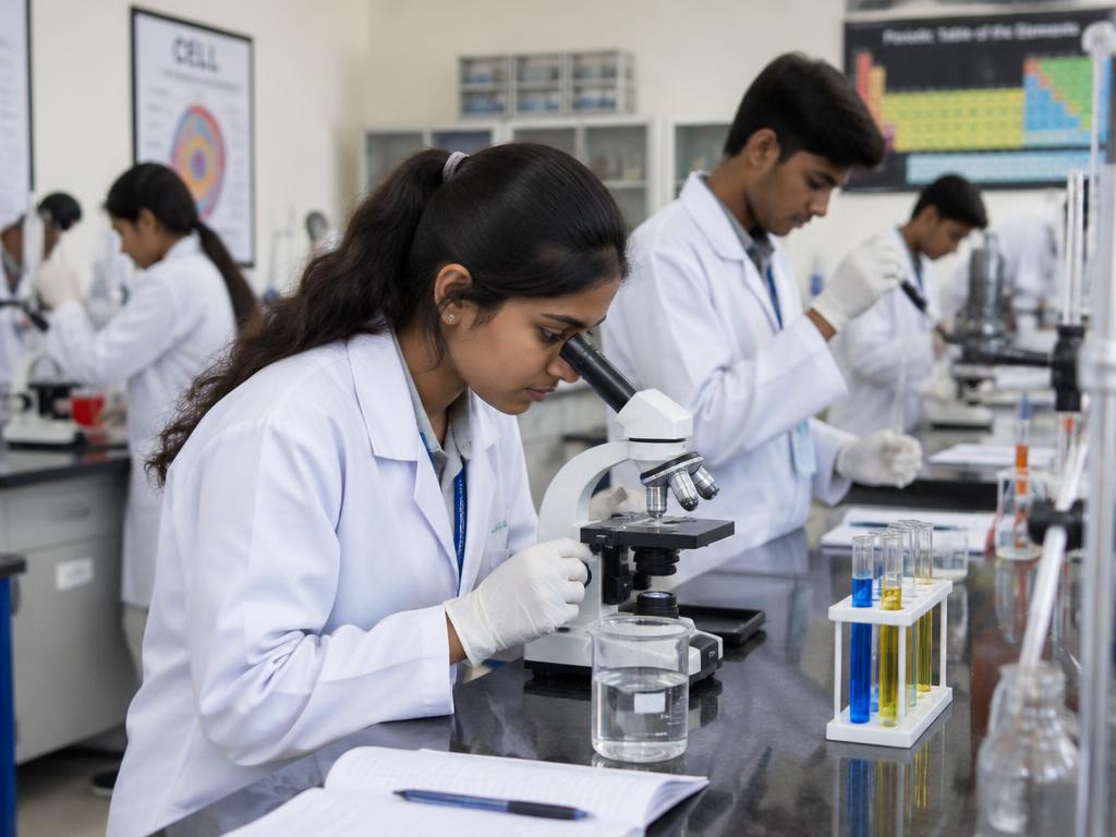 Illustrative photo of students doing experiments in a lab
